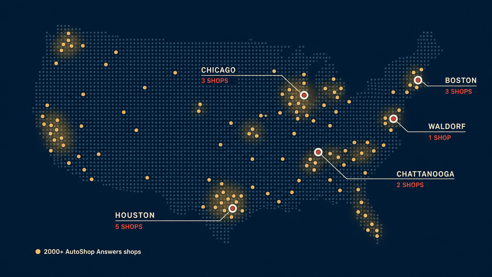 Auto Hospitality Group network map showing Houston, Chicago, Boston, Waldorf, and Chattanooga